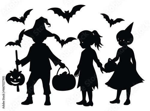 Halloween silhouettes of children trick or treating with spooky bats flying above