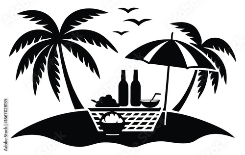Island getaway with palm trees picnic basket and refreshing tropical drinks