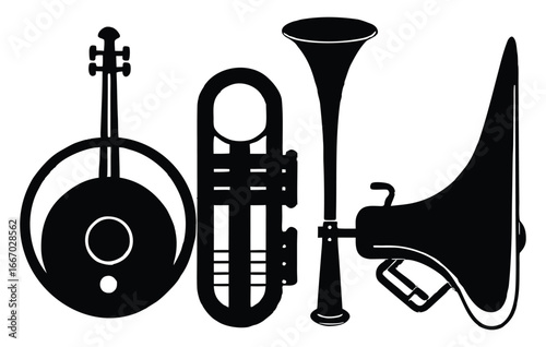 Musical Instrument Collection of Banjo Trumpet and Phonograph Vintage Instruments
