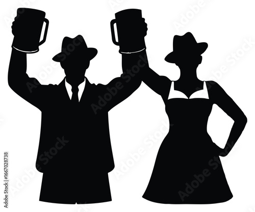 Oktoberfest Silhouette of Man and Woman Toasting with Beer Mugs Celebration