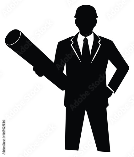 Silhouette of a confident engineer architect holding blueprint plan rolls business vector