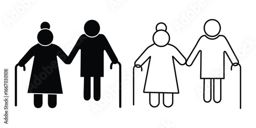 Elderly person icon vector. Silhouette of old people, grandparents, man and woman elder person vector illustration. Symbol of old people,  senior, elder, citizen, pictogram.