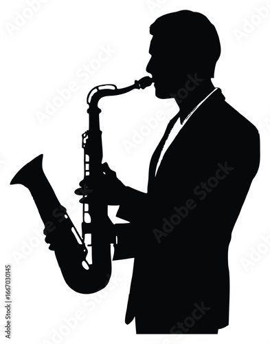 Silhouette of a musician playing the saxophone against a white background artwork