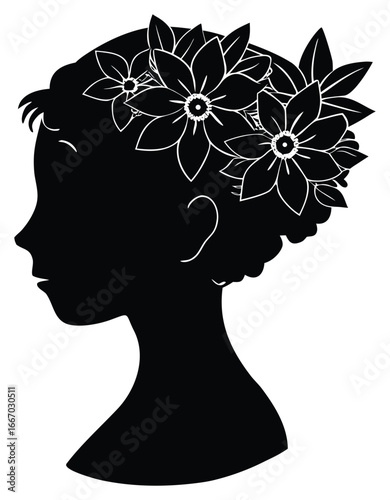 Silhouette of a woman wearing a flower crown artistic botanical vector illustration