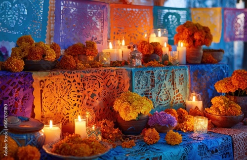 Traditional altar with candles and flowers celebrating dia de muertos in mexico