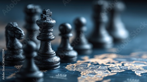 Fototapeta Naklejka Na Ścianę i Meble -  Geopolitical Risk Analysis : Chess pieces on world map with shadowy figures strategizing in dimly lit boardroom

