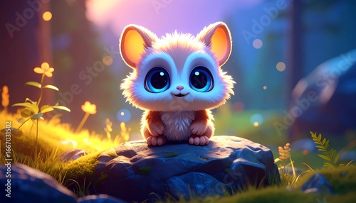 Cute fluffy creature forest sunset.