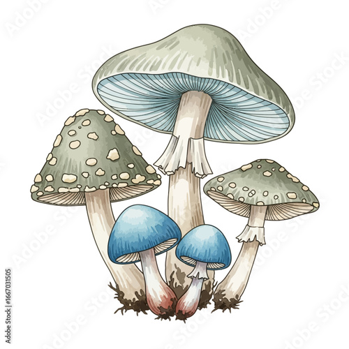 A detailed botanical illustration of a cluster of wild forest mushrooms, featuring green and blue toadstools isolated on a white background