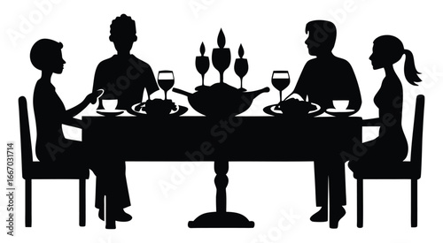 Silhouette of family at dinner table enjoying meal with wine and candles