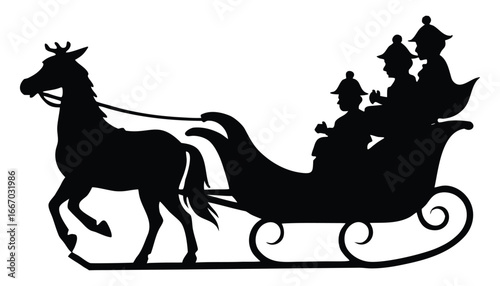 Silhouette of Horse Drawn Sleigh with Passengers on White Background Illustration