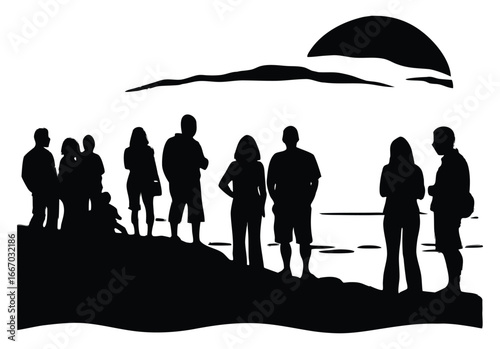 Silhouette of people watching the sunset by the sea in black and white