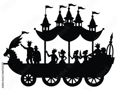 Silhouette of royalty on a parade float with castle turrets and flags