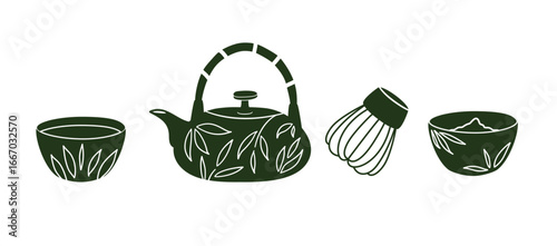 Matcha cooking kit teapot, matcha powder, whisk, cup. Green tea.