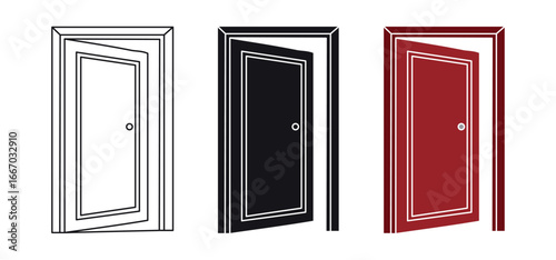 Door icon set. Door open  sign vector design. Open sign . handle . isolated transparent . black outline and filled version .Open door entrance  flat vector icon .