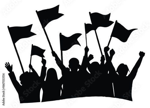 Silhouetted crowd of protesters raising flags in demonstration for social change