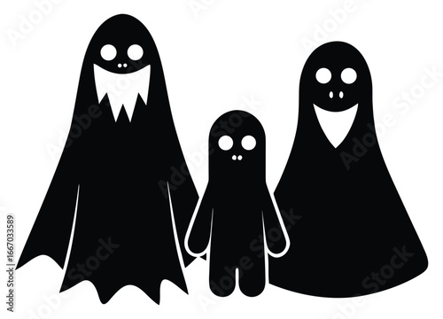 Spooky Halloween ghosts family illustration in black and white for holiday decorations