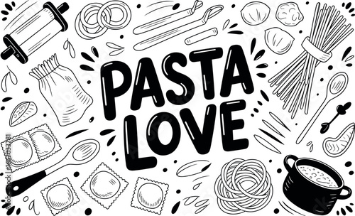 Moody kitchen scene featuring pasta love as the centerpiece with faint utensil doodles, dark rich tones, warm textures, and a cozy, inviting celebration of homemade noodles