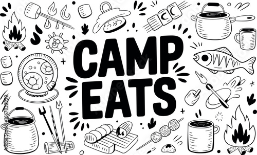 Dimly lit graphic poster showing a barely visible sign that reads CAMP EATS, surrounded by faint camping icons and outlines, creating a moody, nocturnal ambiance.