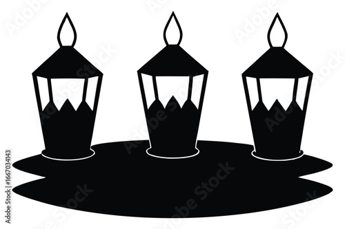 Three decorative lamps on a puddle silhouette isolated on white background