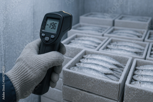 Infrared thermometer measuring cold temperature of frozen fish in storage boxes, gloved hand holding device in cold environment