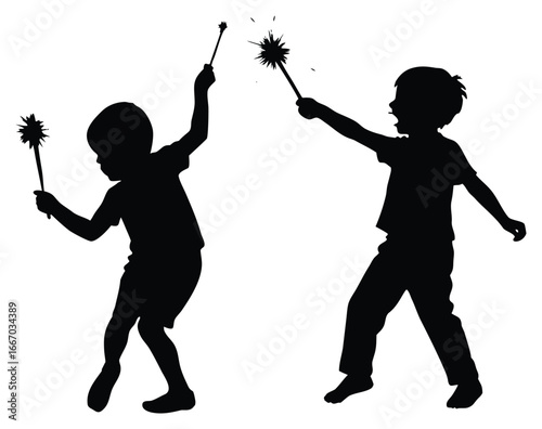 Two children holding sparklers in a silhouette illustration of kids playing
