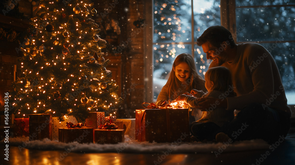 Fototapeta premium Family Christmas tree and gifts – created with AI