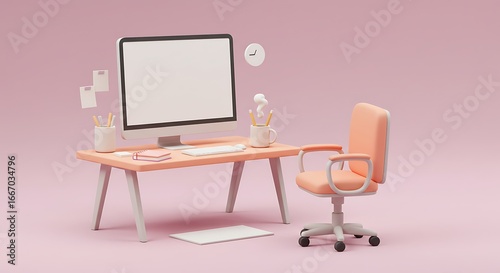 Minimalist Home Office Setup with Computer and Chair.