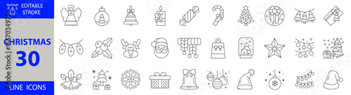 Minimalist Christmas Editable Icon Set. Vector Illustrations for Holiday Celebration, Winter Festival, Xmas Decorations, Santa Claus, Gifts, Tree, Snow, Family, Festive Season, and New Year