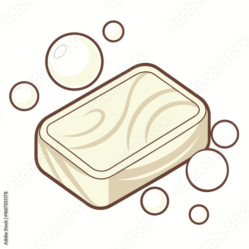Clean soap bar with gentle bubbles on white background