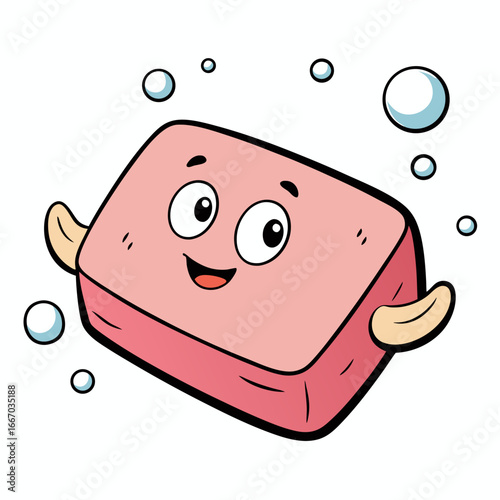Clean soap bar with floating bubbles on white background