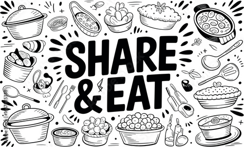 A dark illustrated backdrop featuring faint outlines of bowls, plates, and utensils surrounding a bold central slogan that invites sharing meals, hospitality, and communal dining.
