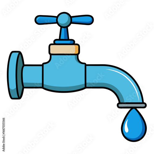 Modern water faucet with a single droplet on white background