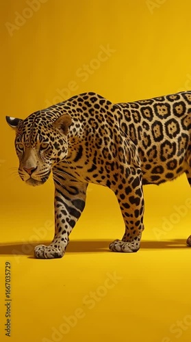 a jaguar walking in profile mid-step on an infinite yellow background generative ai