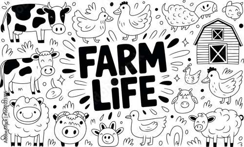 Vivid depiction of farm life featuring fields, barn silhouettes, livestock, and farming tools in a subdued backdrop, capturing daily labor, harvest rhythms, and rural simplicity.