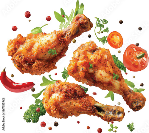 Three Crispy Fried Chicken Drumsticks with Spices and Vegetables on White Background breaded