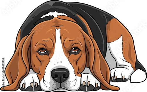 Cute Beagle dog lying down facing front vector illustration