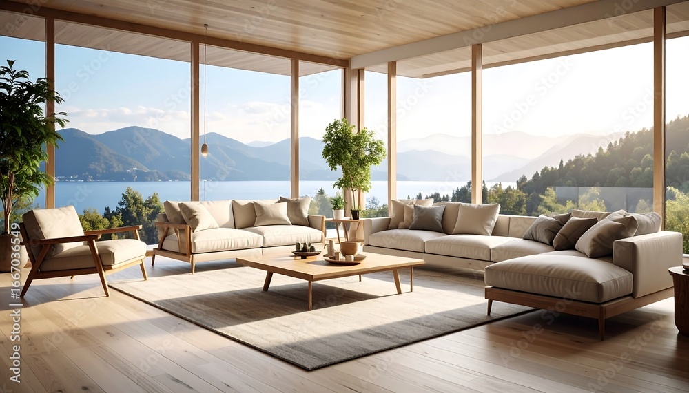 Fototapeta premium Modern Living Room with Panoramic Mountain Lake View.