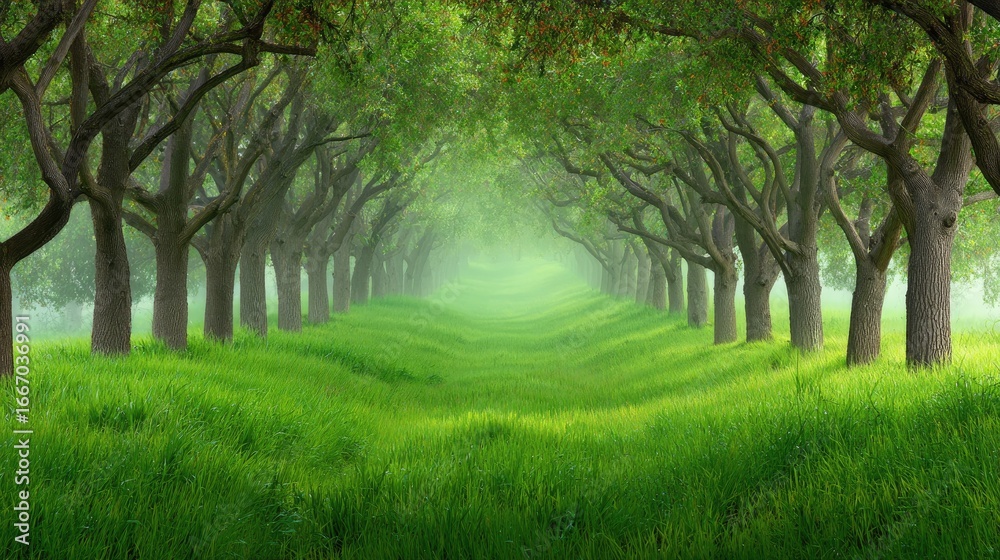 Naklejka premium Lush green trees in a row line a grassy field.