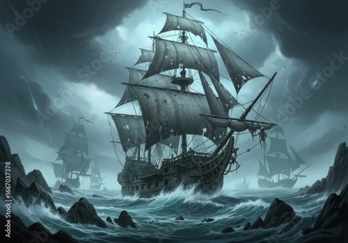 Fototapeta Naklejka Na Ścianę i Meble -  A dramatic pirate ship sails through a stormy sea, with dark clouds and lightning adding to the intensity of the scene