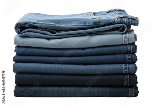 Stack of folded denim jeans isolated on transparent background