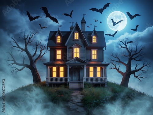 Spooky victorian haunted house on a hill under a full moon with bats flying