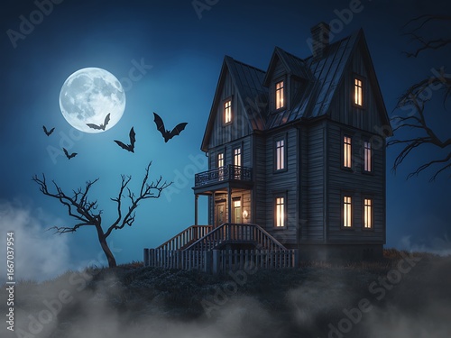Spooky victorian haunted mansion on a hill under a full moon with bats flying