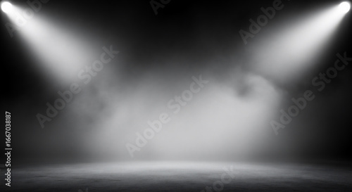 スポットライトに照らされた煙が漂う暗いステージの背景