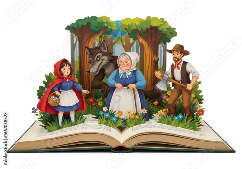 An open book with a popup illustration of little red riding hood isolated on white background