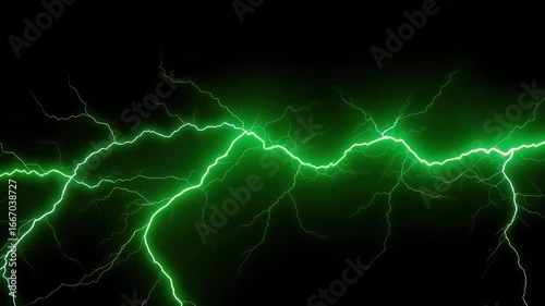 Glowing green lightning thunderstorm electric strike effect in digital 4k animation video with storm energy motion