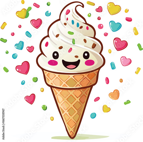 Cute Cartoon Ice Cream Cone with Sprinkles and Smiling Face