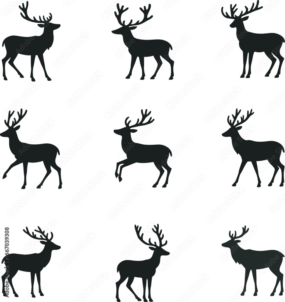 Fototapeta premium Collection of deer silhouette vectors with detailed antlers in different standing and walking poses. Perfect for wildlife, hunting, forest, and nature themed designs and illustrations.