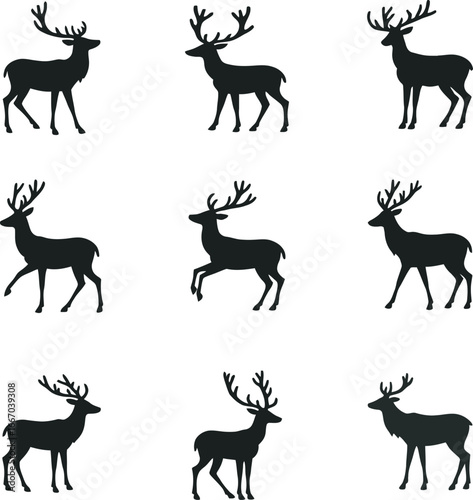 Collection of deer silhouette vectors with detailed antlers in different standing and walking poses. Perfect for wildlife, hunting, forest, and nature themed designs and illustrations.