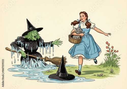 Dorothy running from the wicked witch of the west in a vintage illustration from the wizard of oz