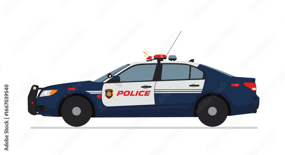 Fototapeta premium Police car side view with emergency lights in flat design style for law enforcement themes